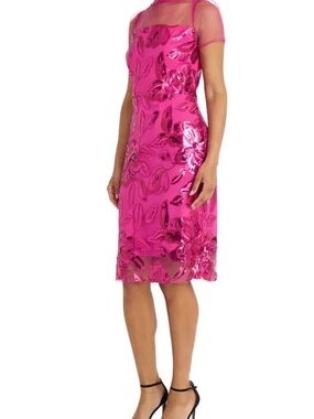 NWOT Maggy London Fuchsia Sequin Midi Dress with Sheer Yoke